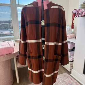 Tahari Brown and Pink Plaid Cardigan